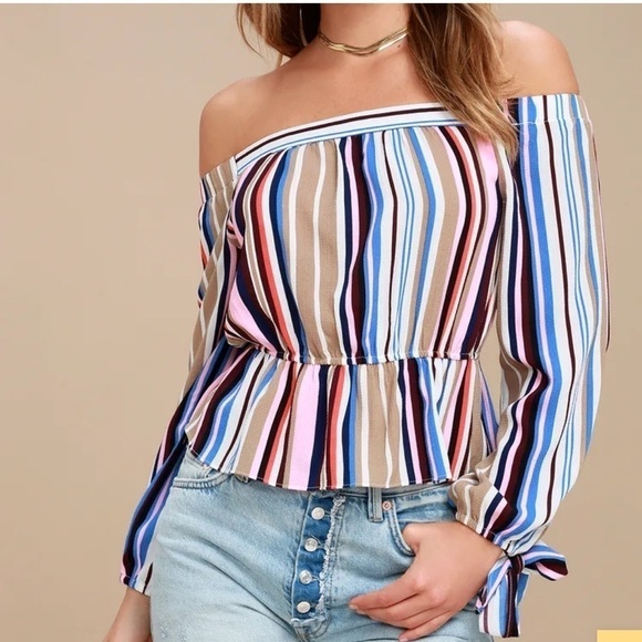 Lulus Tops - Lulu’s Off the Shoulder, Peplum Ruffled Cuff Bow Tie Cuffs Striped Top